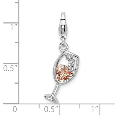 Amore La Vita Sterling Silver Rhodium-plated Polished CZ Enameled Open Champagne Glass Charm with Fancy Lobster Clasp