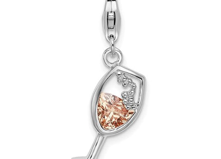 Amore La Vita Sterling Silver Rhodium-plated Polished CZ Enameled Open Champagne Glass Charm with Fancy Lobster Clasp