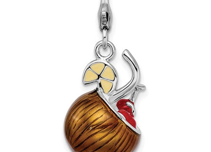Amore La Vita Sterling Silver Rhodium-plated Polished 3-D Enameled Pina Colada Charm with Fancy Lobster Clasp