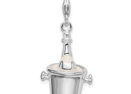 Amore La Vita Sterling Silver Rhodium-plated Polished 3-D Enameled Champagne Bottle in Ice Bucket with Lobster Charm
