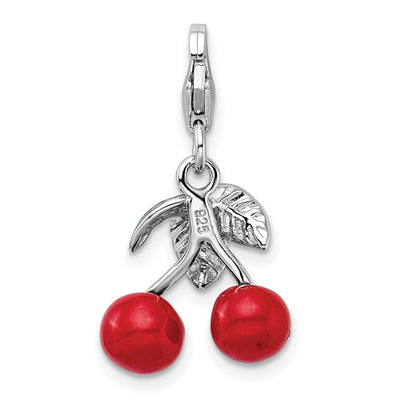 Amore La Vita Sterling Silver Rhodium-plated Polished 3-D Enameled Red Cherries Charm with Fancy Lobster Clasp