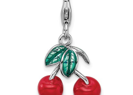 Amore La Vita Sterling Silver Rhodium-plated Polished 3-D Enameled Red Cherries Charm with Fancy Lobster Clasp