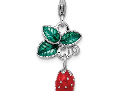 Amore La Vita Sterling Silver Rhodium-plated Polished 3-D Enameled Strawberry Charm with Fancy Lobster Clasp
