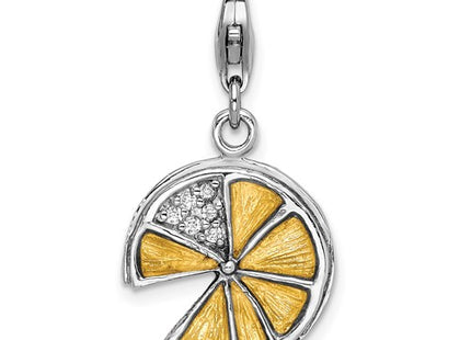 Amore La Vita Sterling Silver Rhodium-plated Polished 3-D Yellow Enameled Lemon Slice Charm with Fancy Lobster Clasp