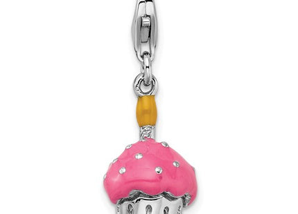 Amore La Vita Sterling Silver Rhodium-plated Polished 3-D Enameled Cupcake and Candle Charm with Fancy Lobster Clasp