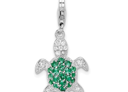Amore La Vita Sterling Silver Rhodium-plated Polished Green and Clear CZ Turtle Charm with Fancy Lobster Clasp