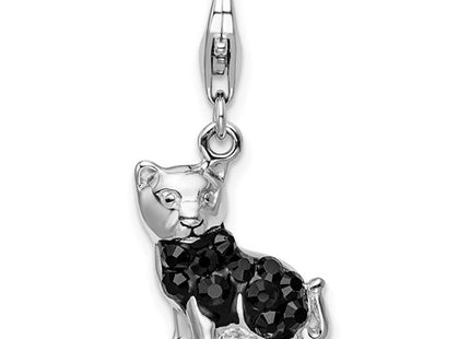 Amore La Vita Sterling Silver Rhodium-plated Polished Enameled Swarovski Crystal Black Cat Charm with Fancy Lobster Clasp