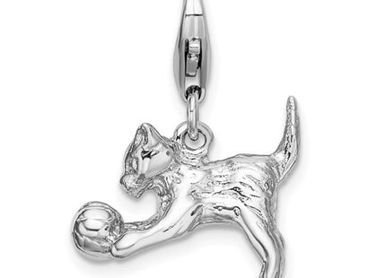 Amore La Vita Sterling Silver Rhodium-plated Polished 3-D Polished Kitten and Ball Charm with Fancy Lobster Clasp