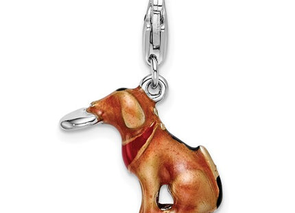 Amore La Vita Sterling Silver Rhodium-plated Polished 3-D Enameled Light Brown Dog and Frisbee Charm with Fancy Lobster Clasp