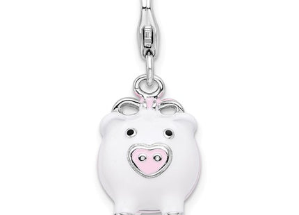 Amore La Vita Sterling Silver Rhodium-plated Polished 3-D Enameled Pig Charm with Fancy Lobster Clasp