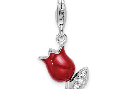 Amore La Vita Sterling Silver Rhodium-plated Polished CZ Red Enameled Tulip Flower Charm with Fancy Lobster Clasp