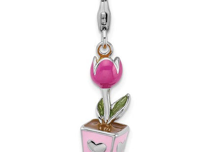 Amore La Vita Sterling Silver Rhodium-plated Polished 3-D Pink Enameled Potted Tulip Charm with Fancy Lobster Clasp