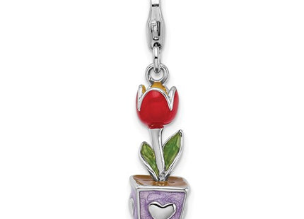 Amore La Vita Sterling Silver Rhodium-plated Polished 3-D Red Enameled Potted Tulip Flower Charm with Fancy Lobster Clasp