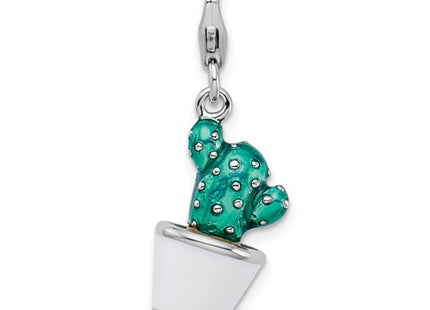 Amore La Vita Sterling Silver Rhodium-plated Polished 3-D Enameled Potted Green Cactus Charm with Fancy Lobster Clasp