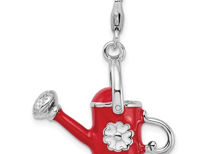 Amore La Vita Sterling Silver Rhodium-plated Polished 3-D Enameled Red Watering Can Charm with Fancy Lobster Clasp