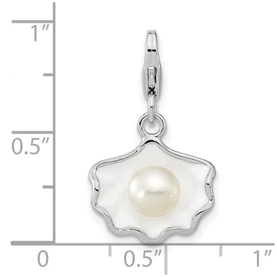 Amore La Vita Sterling Silver Rhodium-plated Polished 3-D Enameled Shell with a Freshwater Cultured Pearl Charm with Fancy Lobster Clasp