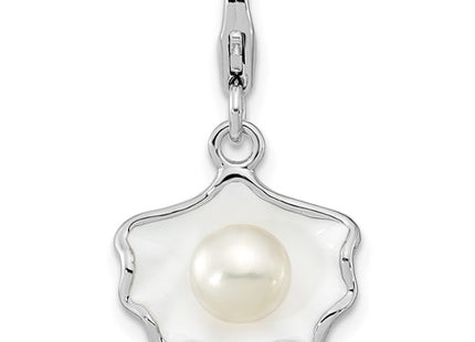 Amore La Vita Sterling Silver Rhodium-plated Polished 3-D Enameled Shell with a Freshwater Cultured Pearl Charm with Fancy Lobster Clasp