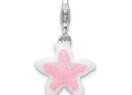 Amore La Vita Sterling Silver Rhodium-plated Enameled Pink Sparkle Starfish Charm with Fancy Lobster Clasp