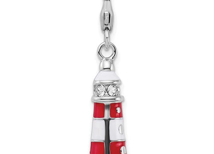 Amore La Vita Sterling Silver Rhodium-plated Polished 3-D Red Enameled Crystal Lighthouse Charm with Fancy Lobster Clasp