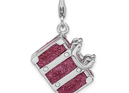 Amore La Vita Sterling Silver Rhodium-plated Polished 3-D Glitter Enameled Moveable Luggage Charm with Fancy Lobster Clasp