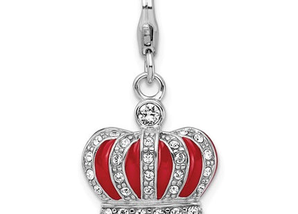 Amore La Vita Sterling Silver Rhodium-plated Polished 3-D Crystal and Red Enameled Crown Charm with Fancy Lobster Clasp