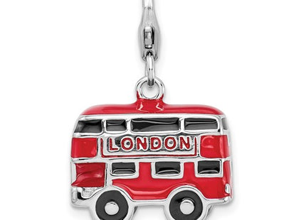 Amore La Vita Sterling Silver Rhodium-plated Polished 3-D Enameled Double Decker London Bus Charm with Fancy Lobster Clasp