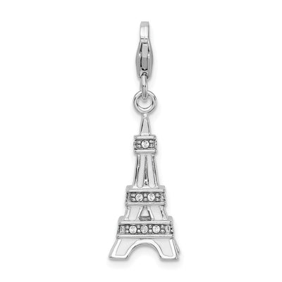 Amore La Vita Sterling Silver Rhodium-plated Polished 3-D Enameled Crystal Eiffel Tower Charm with Fancy Lobster Clasp