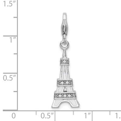 Amore La Vita Sterling Silver Rhodium-plated Polished 3-D Enameled Crystal Eiffel Tower Charm with Fancy Lobster Clasp