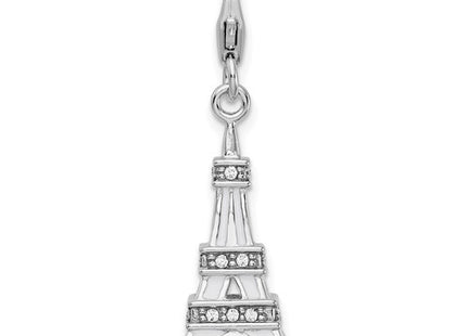 Amore La Vita Sterling Silver Rhodium-plated Polished 3-D Enameled Crystal Eiffel Tower Charm with Fancy Lobster Clasp