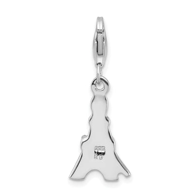 Amore La Vita Sterling Silver Rhodium-plated Polished Black Enameled CZ Eiffel Tower Charm with Fancy Lobster Clasp