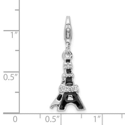 Amore La Vita Sterling Silver Rhodium-plated Polished Black Enameled CZ Eiffel Tower Charm with Fancy Lobster Clasp