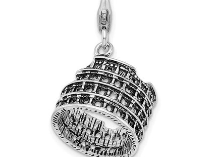 Amore La Vita Sterling Silver Rhodium-plated Polished 3-D Antiqued Coliseum Charm with Fancy Lobster Clasp