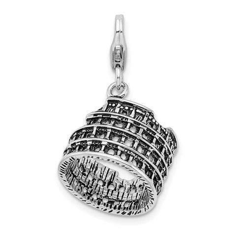 Amore La Vita Sterling Silver Rhodium-plated Polished 3-D Antiqued Coliseum Charm with Fancy Lobster Clasp