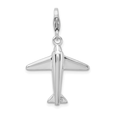 Amore La Vita Sterling Silver Rhodium-plated Polished 3-D Crystal Airplane Charm with Fancy Lobster Clasp