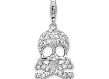 Amore La Vita Sterling Silver Rhodium-plated Polished CZ Skull and Cross Bones Charm with Fancy Lobster Clasp
