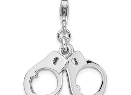 Amore La Vita Sterling Silver Rhodium-plated Polished 3-D Moveable Hand Cuffs Charm with Fancy Lobster Clasp
