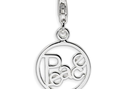Amore La Vita Sterling Silver Rhodium-plated Polished PEACE in Circle Charm with Fancy Lobster Clasp