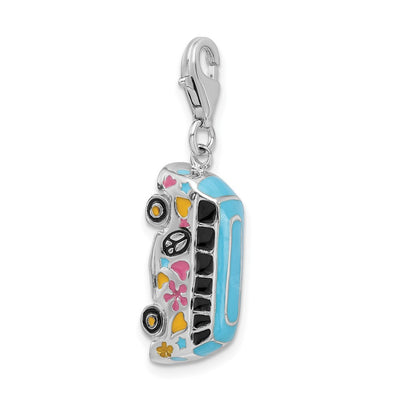 Amore La Vita Sterling Silver Rhodium-plated Polished 3-D Enameled Hippie Bus Charm with Fancy Lobster Clasp