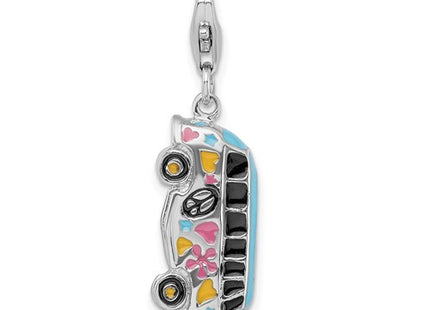 Amore La Vita Sterling Silver Rhodium-plated Polished 3-D Enameled Hippie Bus Charm with Fancy Lobster Clasp