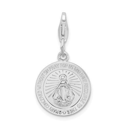 Amore La Vita Sterling Silver Rhodium-plated Polished Miraculous Medal Charm with Fancy Lobster Clasp, 37 x 15mm
