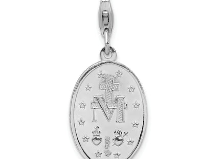 Amore La Vita Sterling Silver Rhodium-plated Polished Miraculous Medal Charm with Fancy Lobster Clasp, 40 x 13mm