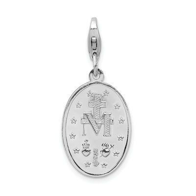 Amore La Vita Sterling Silver Rhodium-plated Polished Miraculous Medal Charm with Fancy Lobster Clasp, 40 x 13mm