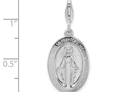 Amore La Vita Sterling Silver Rhodium-plated Polished Miraculous Medal Charm with Fancy Lobster Clasp, 40 x 13mm