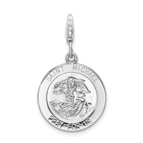 Amore La Vita Sterling Silver Rhodium-plated Polished Saint Michael Medal Charm with Fancy Lobster Clasp, 40 x 18mm