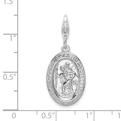 Amore La Vita Sterling Silver Rhodium-plated Polished Saint Christopher Medal Charm with Fancy Lobster Clasp, 41 x 13mm