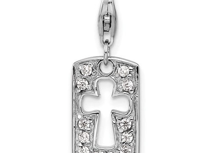 Amore La Vita Sterling Silver Rhodium-plated Polished Reversible CZ Cut-out Cross Faith Clip-on Charm with Fancy Lobster Clasp