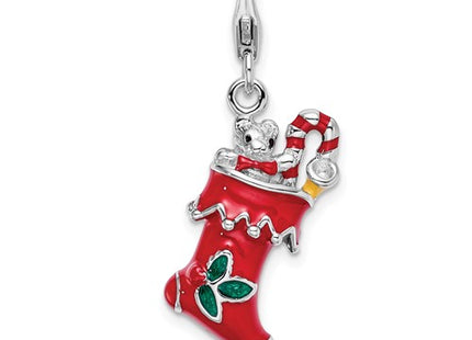 Amore La Vita Sterling Silver Rhodium-plated Polished 3-D Red Enameled Holiday Stocking Charm with Fancy Lobster Clasp