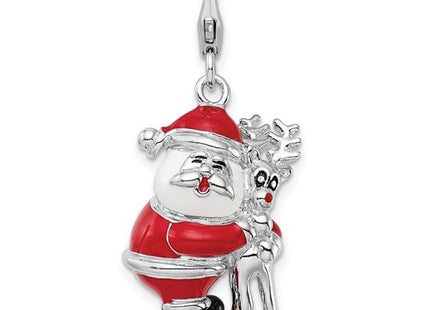 Amore La Vita Sterling Silver Rhodium-plated Polished 3-D Enameled Santa and Reindeer Charm with Fancy Lobster Clasp