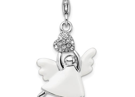 Amore La Vita Sterling Silver Rhodium-plated Polished 3-D White Enameled Crystal Angel Charm with Fancy Lobster Clasp