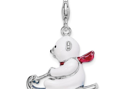 Amore La Vita Sterling Silver Rhodium-plated Polished 3-D Enameled Polar Bear on Sled Charm with Fancy Lobster Clasp